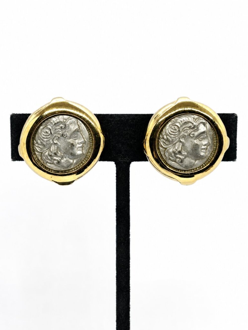VINTAGE COIN EARRINGS Roman Greek Profile Gold Tone Silver Medallion Clip On